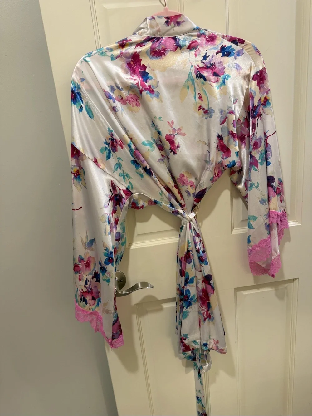 In bloom by jonquil floral Satin Tie-Front Robe with Pink Lace Trim